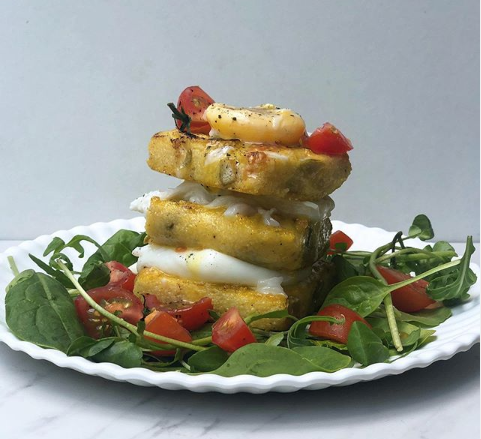 Poached Egg & Olive Polenta Stack