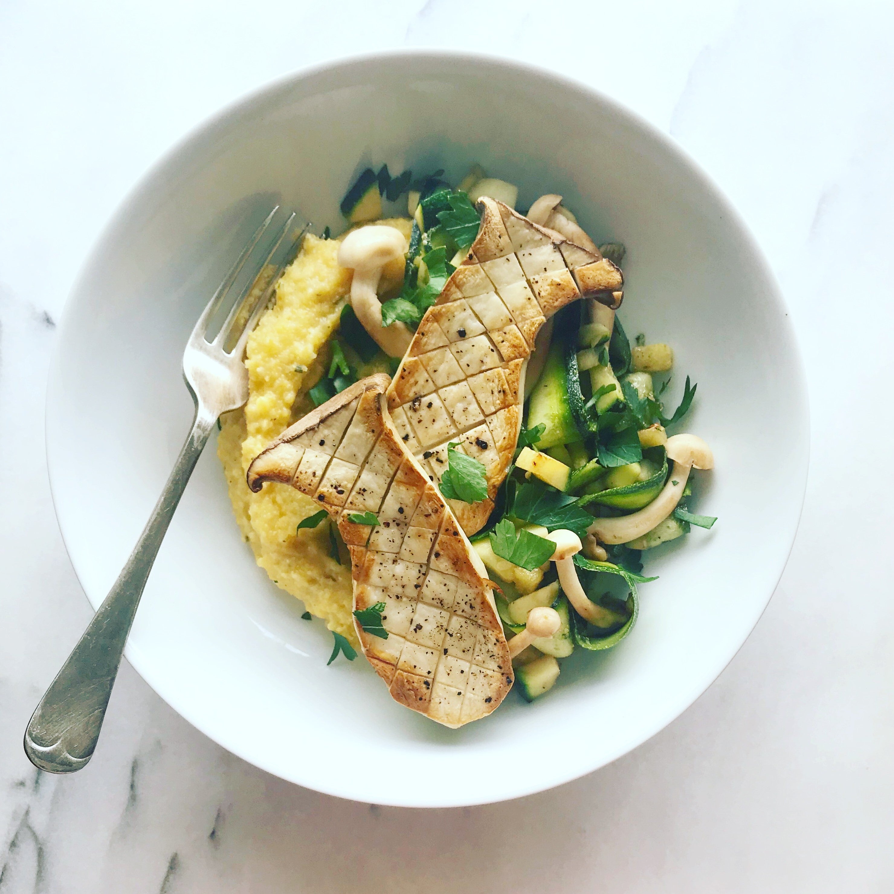Polenta with Mushrooms, Pesto & Courgettes