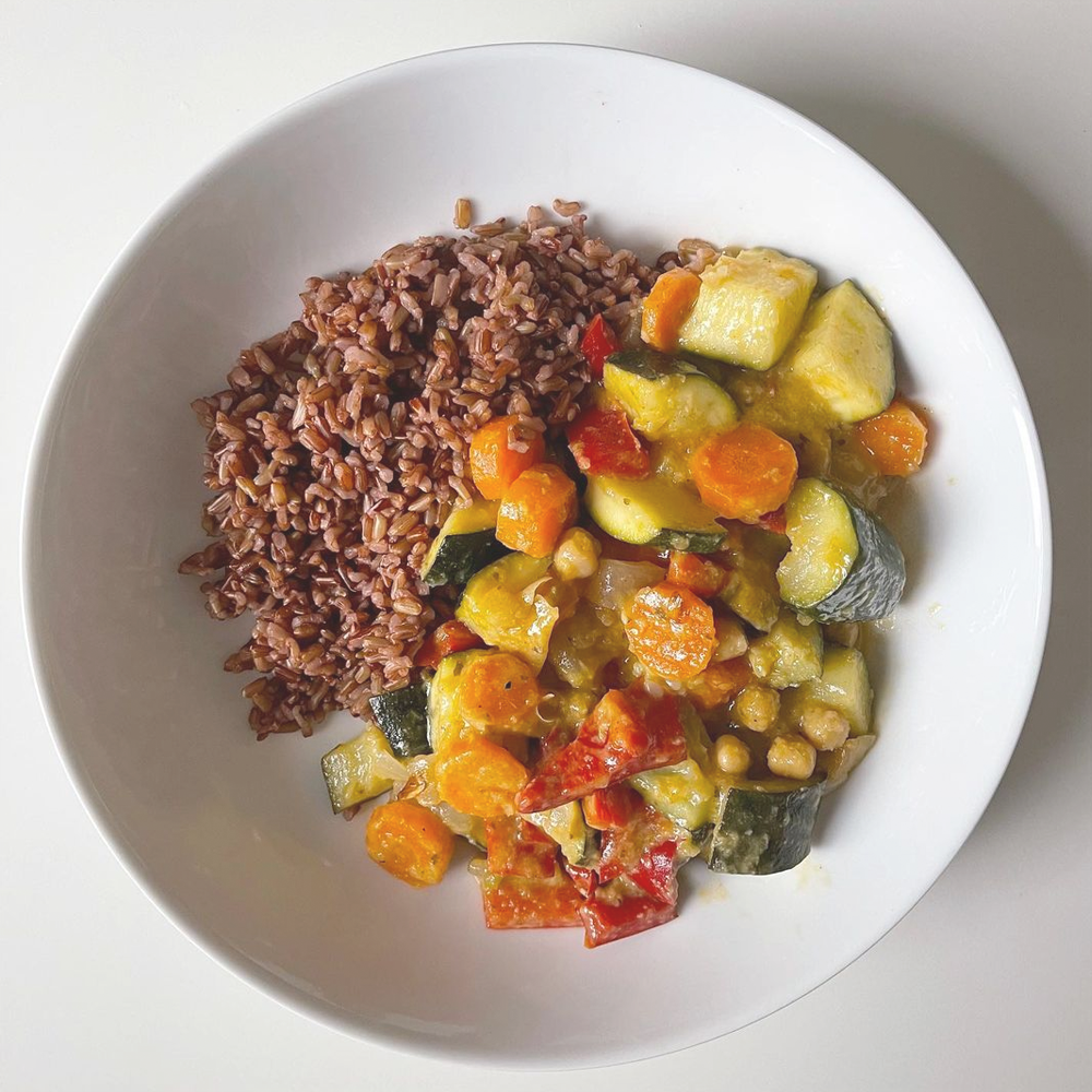 Chickpea and Vegetable Green Thai Curry with Wild Red Rice